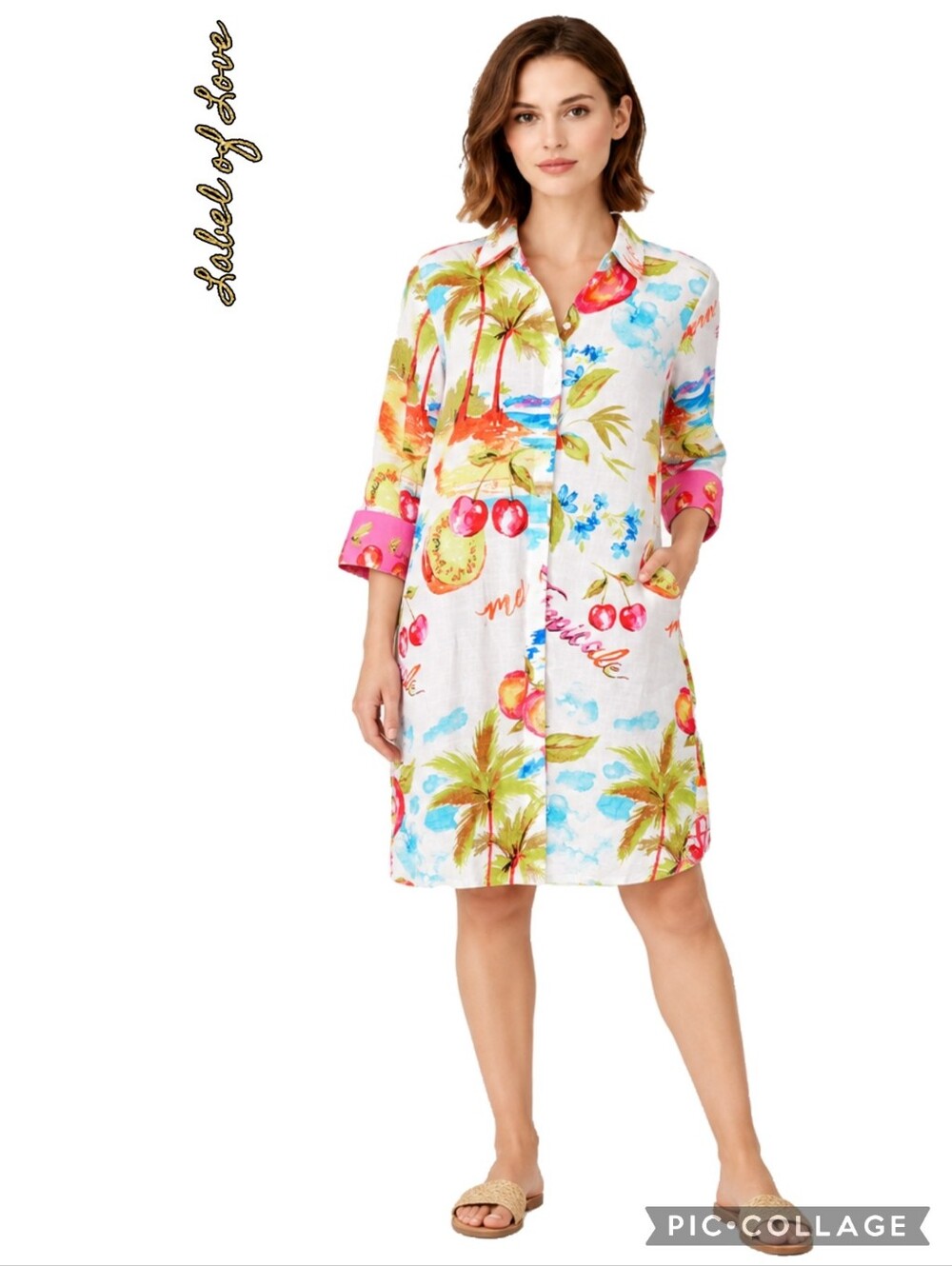 Label of Love shirt dress buttons collar rayon linen tropical palm fruit floral
